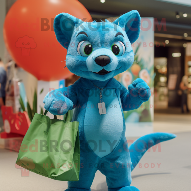 Cyan Jaguarundi mascot costume character dressed with a Poplin Shirt and Tote bags