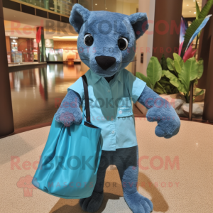 Cyan Jaguarundi mascot costume character dressed with a Poplin Shirt and Tote bags