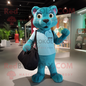 Cyan Jaguarundi mascot costume character dressed with a Poplin Shirt and Tote bags