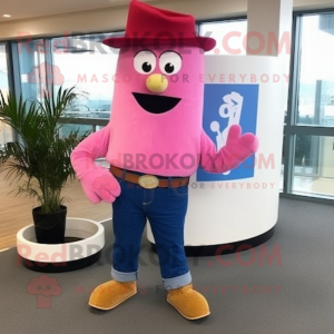 Pink Chief mascot costume character dressed with a Bootcut Jeans and Beanies