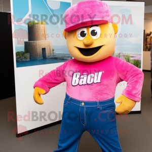 Pink Chief mascot costume character dressed with a Bootcut Jeans and Beanies