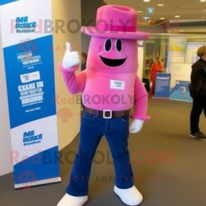 Pink Chief mascot costume character dressed with a Bootcut Jeans and Beanies