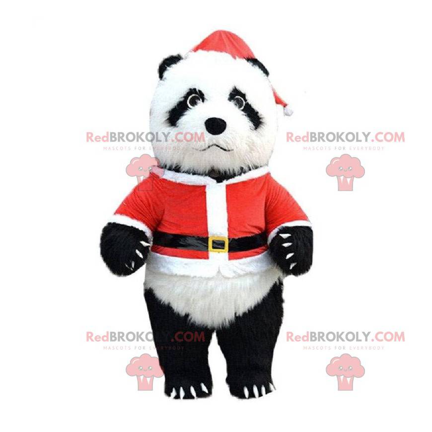 Oppustelig panda kostume klædt som julemanden, kæmpe bamse -