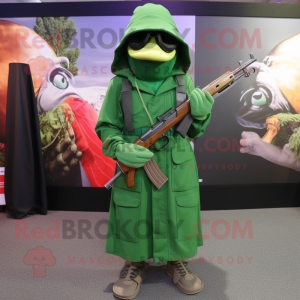 Forest Green Sniper mascot costume character dressed with a Wrap Dress and Caps