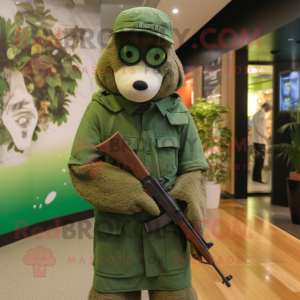 Forest Green Sniper mascot costume character dressed with a Wrap Dress and Caps