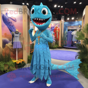 Sky Blue Barracuda mascot costume character dressed with a Shift Dress and Necklaces