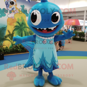 Sky Blue Barracuda mascot costume character dressed with a Shift Dress and Necklaces
