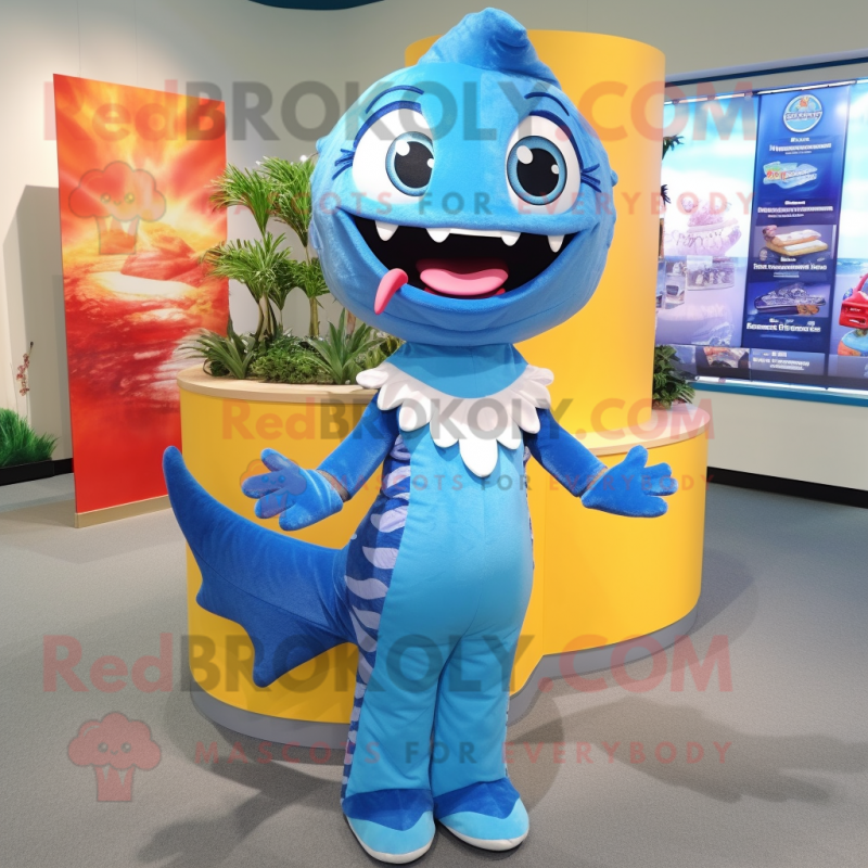 Sky Blue Barracuda mascot costume character dressed with a Shift Dress and Necklaces Sky Blue Barracuda mascot costume character dressed with a Shift Dress and Necklaces