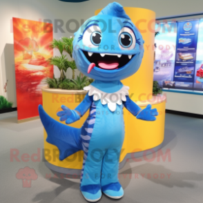 Sky Blue Barracuda mascot costume character dressed with a Shift Dress and Necklaces