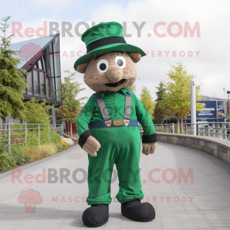 Forest Green Irish Flag mascot costume character dressed with a Dungarees and Hat pins Forest Green Irish Flag mascot costume character dressed with a Dungarees and Hat pins