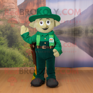 Forest Green Irish Flag mascot costume character dressed with a Dungarees and Hat pins
