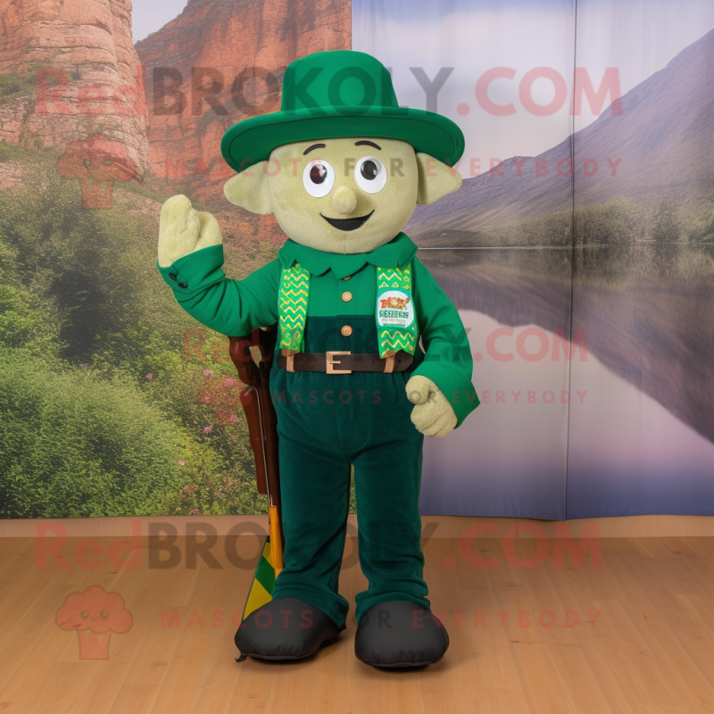 Forest Green Irish Flag mascot costume character dressed with a Dungarees and Hat pins Forest Green Irish Flag mascot costume character dressed with a Dungarees and Hat pins