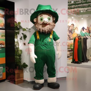 Forest Green Irish Flag mascot costume character dressed with a Dungarees and Hat pins