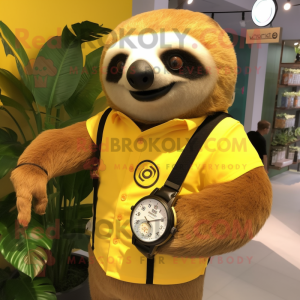 Yellow Sloth mascot costume character dressed with a Waistcoat and Bracelet watches