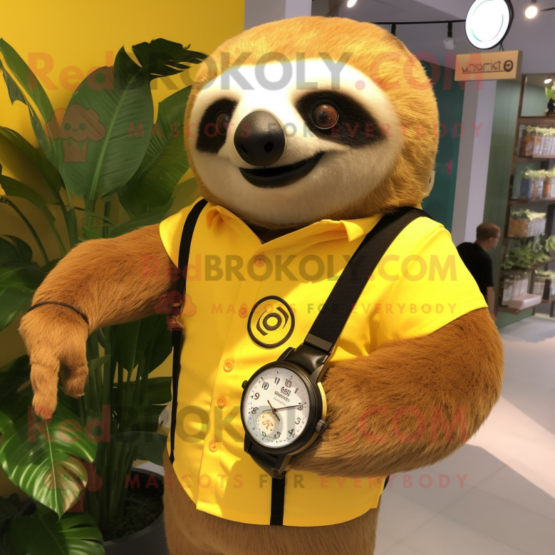 Yellow Sloth mascot costume character dressed with a Waistcoat and Bracelet watches Yellow Sloth mascot costume character dressed with a Waistcoat and Bracelet watches