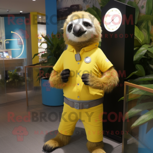 Yellow Sloth mascot costume character dressed with a Waistcoat and Bracelet watches