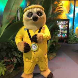 Yellow Sloth mascot costume character dressed with a Waistcoat and Bracelet watches