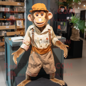 Rust Capuchin Monkey mascot costume character dressed with a Button-Up Shirt and Suspenders