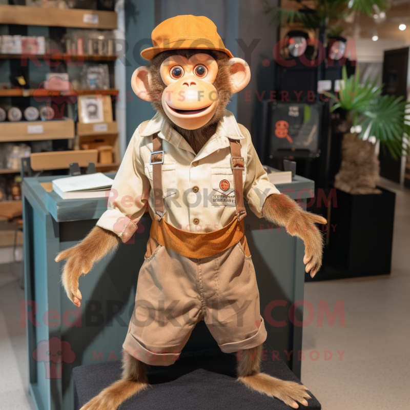 Rust Capuchin Monkey mascot costume character dressed with a Button-Up Shirt and Suspenders