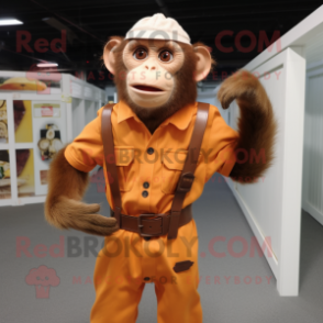 Rust Capuchin Monkey mascot costume character dressed with a Button-Up Shirt and Suspenders