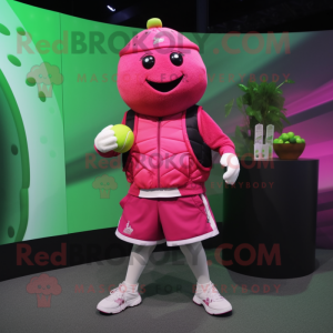 Magenta Melon mascot costume character dressed with a Romper and Bracelet watches