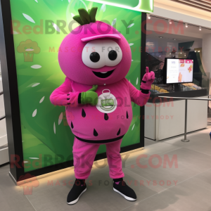 Magenta Melon mascot costume character dressed with a Romper and Bracelet watches