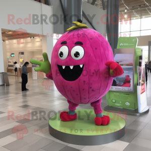 Magenta Melon mascot costume character dressed with a Romper and Bracelet watches