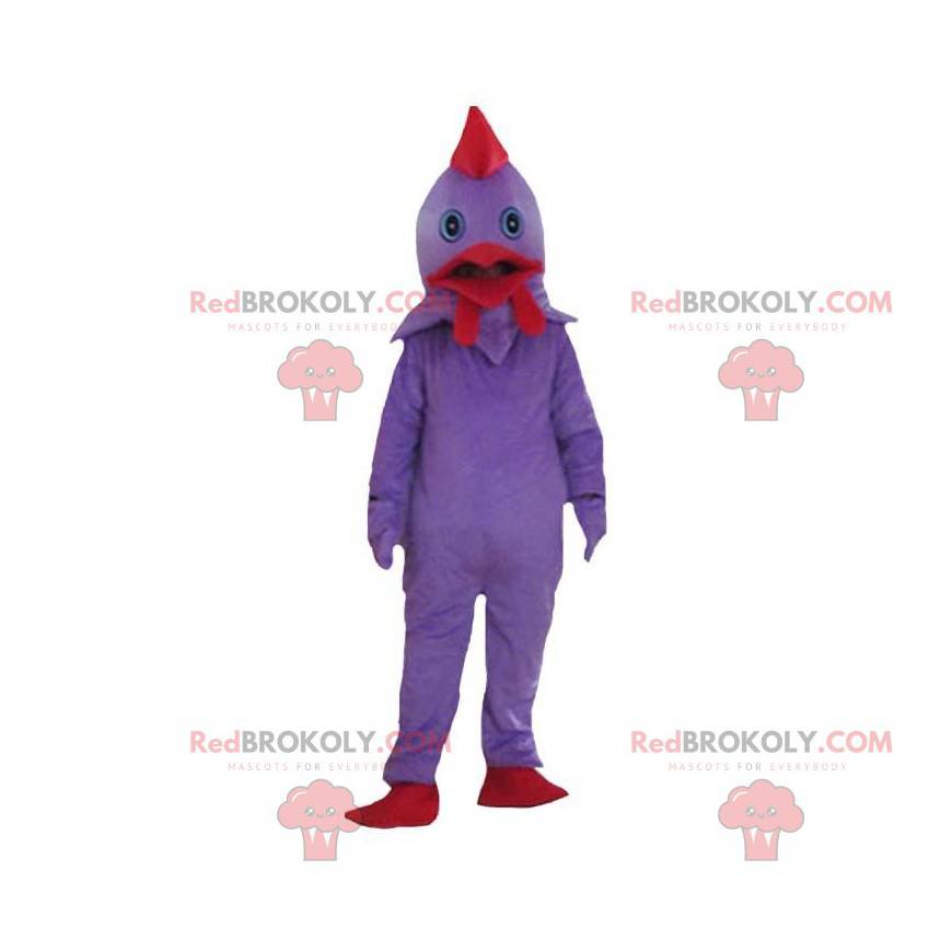 Fioletowo-czerwony kostium kurczaka, kolorowy kostium koguta -