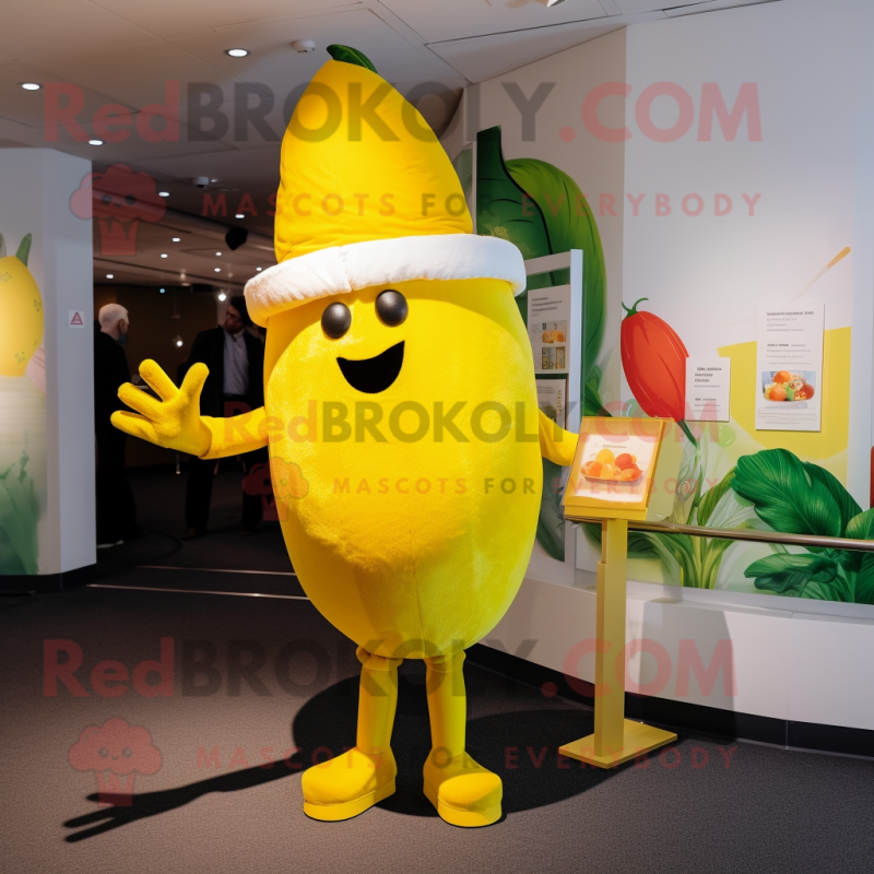 Yellow Squash mascot costume character dressed with a Playsuit and Berets Yellow Squash mascot costume character dressed with a Playsuit and Berets