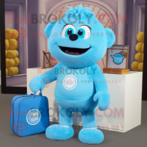 Sky Blue Candy Box mascot costume character dressed with a Henley Tee and Handbags