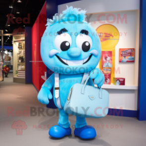 Sky Blue Candy Box mascot costume character dressed with a Henley Tee and Handbags