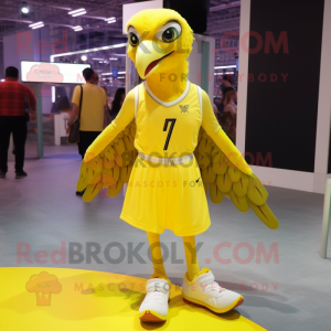 Lemon Yellow Falcon mascot costume character dressed with a A-Line Dress and Anklets
