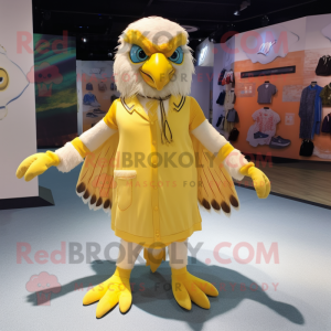 Lemon Yellow Falcon mascot costume character dressed with a A-Line Dress and Anklets