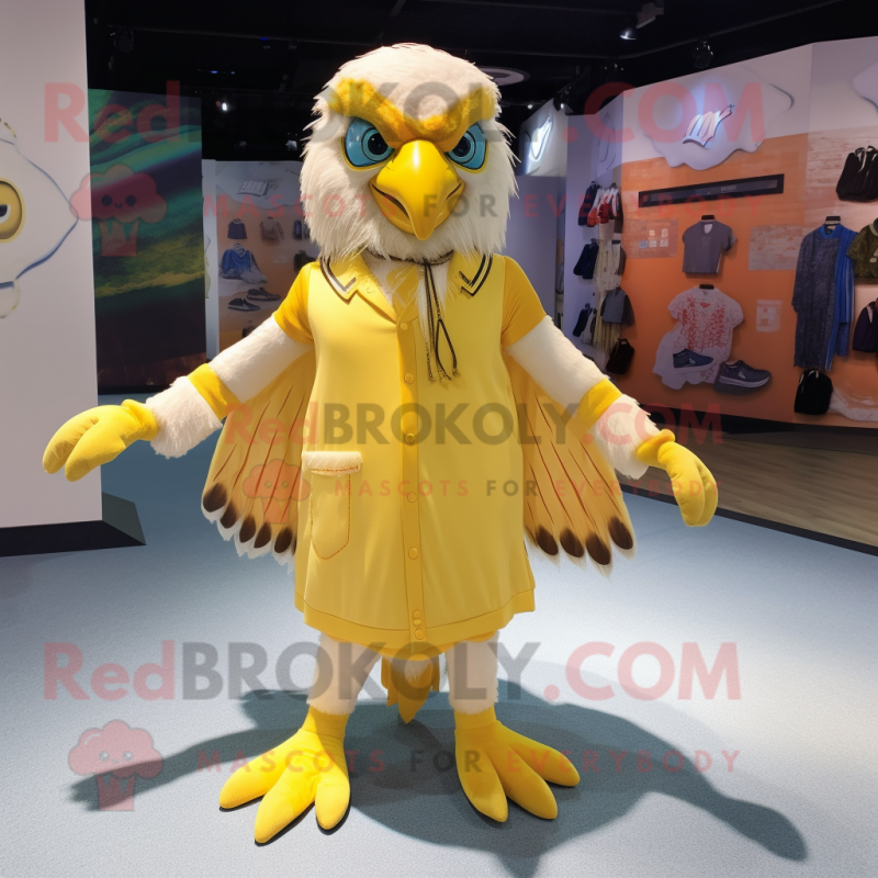 Lemon Yellow Falcon mascot costume character dressed with a A-Line Dress and Anklets Lemon Yellow Falcon mascot costume character dressed with a A-Line Dress and Anklets