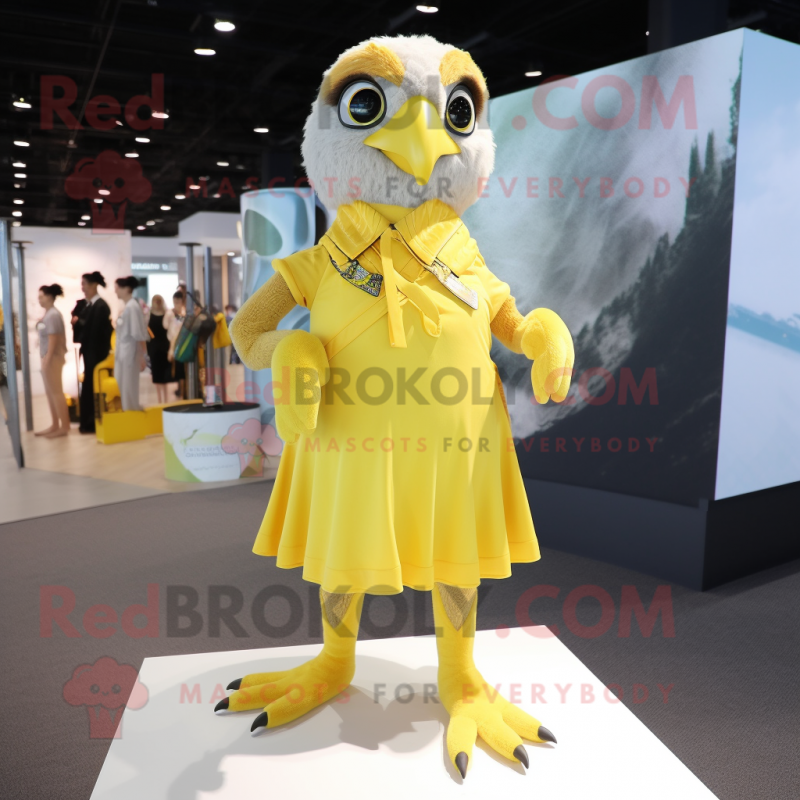 Lemon Yellow Falcon mascot costume character dressed with a A-Line Dress and Anklets