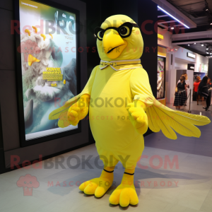 Lemon Yellow Falcon mascot costume character dressed with a A-Line Dress and Anklets