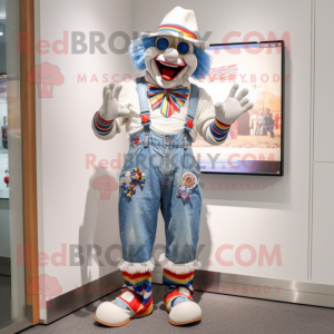White Clown mascot costume character dressed with a Denim Shorts and Bracelets