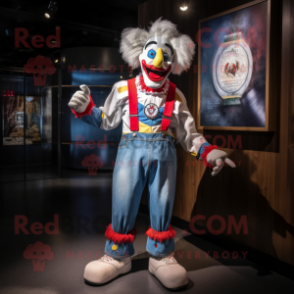 White Clown mascot costume character dressed with a Denim Shorts and Bracelets