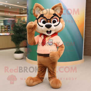 Peach Bobcat mascot costume character dressed with a Corduroy Pants and Eyeglasses