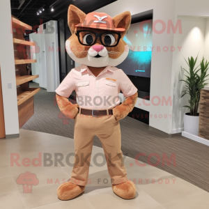 Peach Bobcat mascot costume character dressed with a Corduroy Pants and Eyeglasses