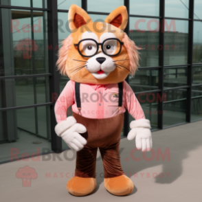 Peach Bobcat mascot costume character dressed with a Corduroy Pants and Eyeglasses