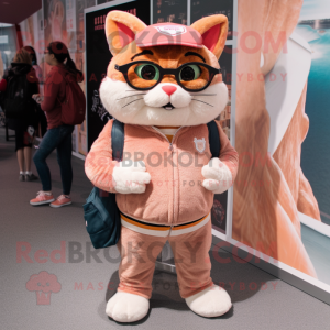 Peach Bobcat mascot costume character dressed with a Corduroy Pants and Eyeglasses