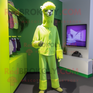 Lime Green Alpaca mascot costume character dressed with a Capri Pants and Cufflinks