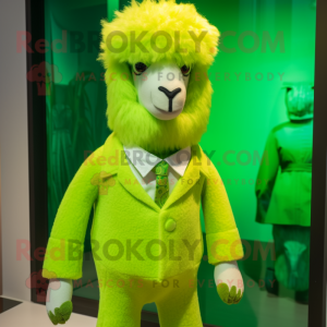 Lime Green Alpaca mascot costume character dressed with a Capri Pants and Cufflinks