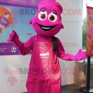 Magenta Tikka Masala mascot costume character dressed with a Overalls and Keychains