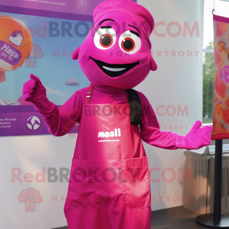 Magenta Tikka Masala mascot costume character dressed with a Overalls and Keychains Magenta Tikka Masala mascot costume character dressed with a Overalls and Keychains
