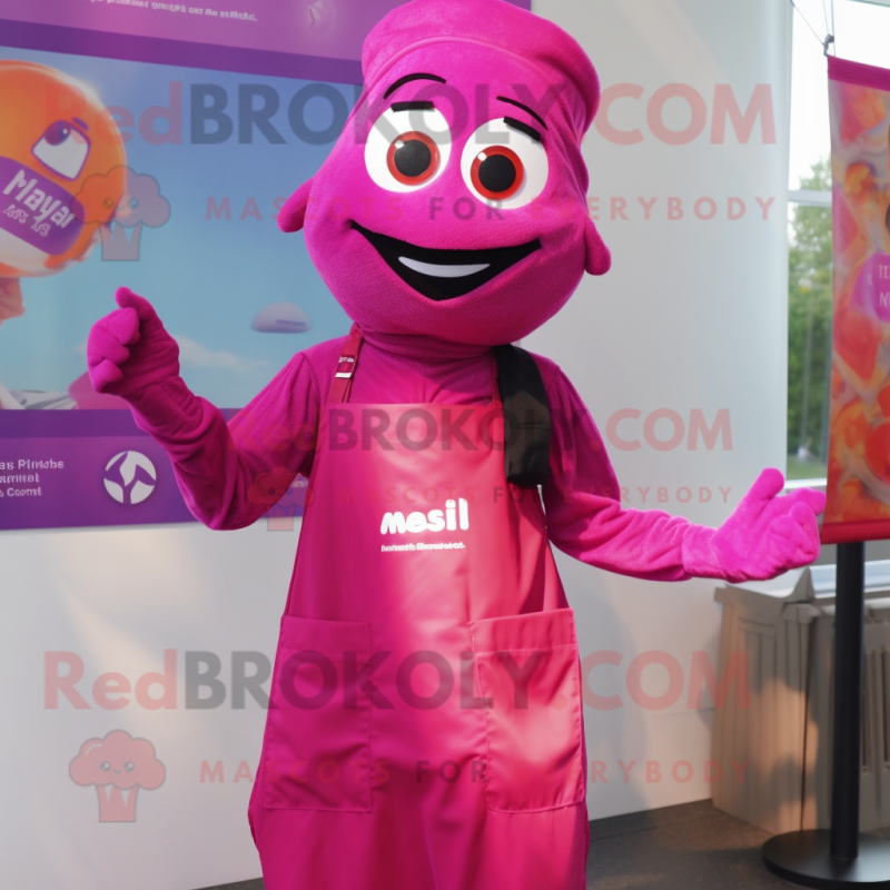 Magenta Tikka Masala mascot costume character dressed with a Overalls and Keychains