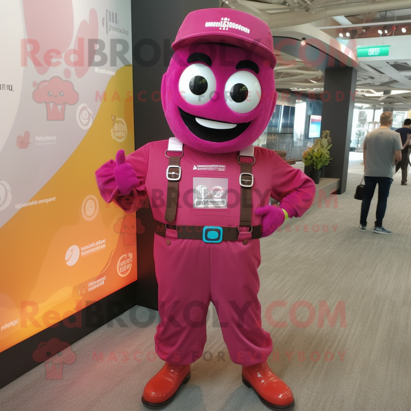 Magenta Tikka Masala mascot costume character dressed with a Overalls and Keychains Magenta Tikka Masala mascot costume character dressed with a Overalls and Keychains