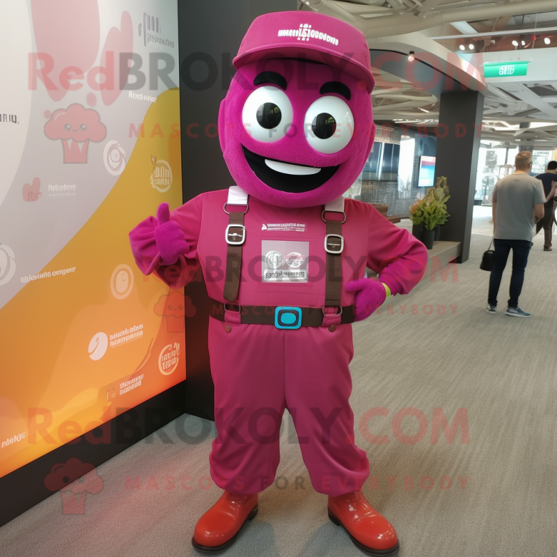 Magenta Tikka Masala mascot costume character dressed with a Overalls and Keychains