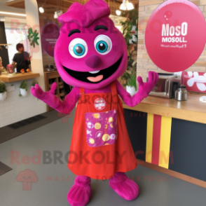 Magenta Tikka Masala mascot costume character dressed with a Overalls and Keychains